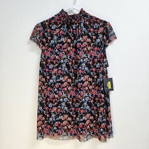 I.N. San Francisco Shirt Women Size Large Black Floral Sheer Top